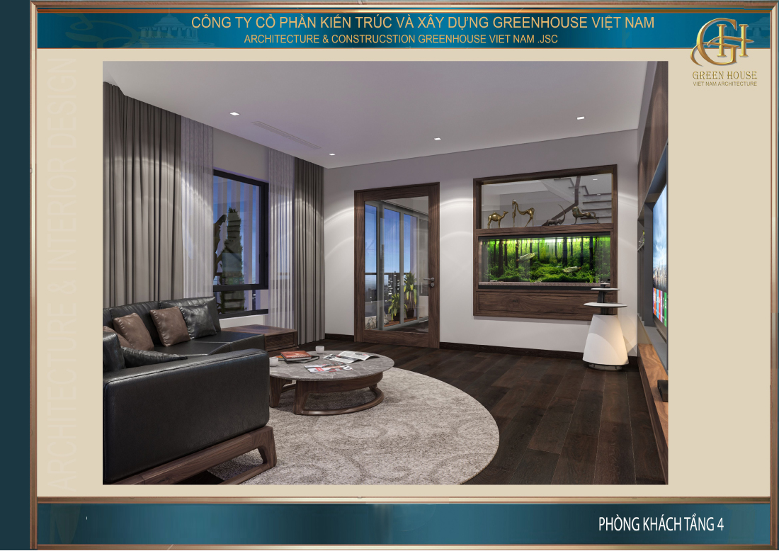 Trong phòng khách còn trang trí 1 bể cá để tăng thêm sinh khí