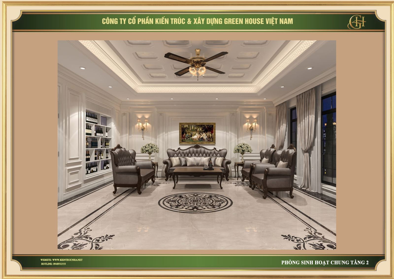 Phòng sinh hoạt chung sang trọng và lịch lãm với bộ ghế sofa màu xám vô cùng đẳng cấp