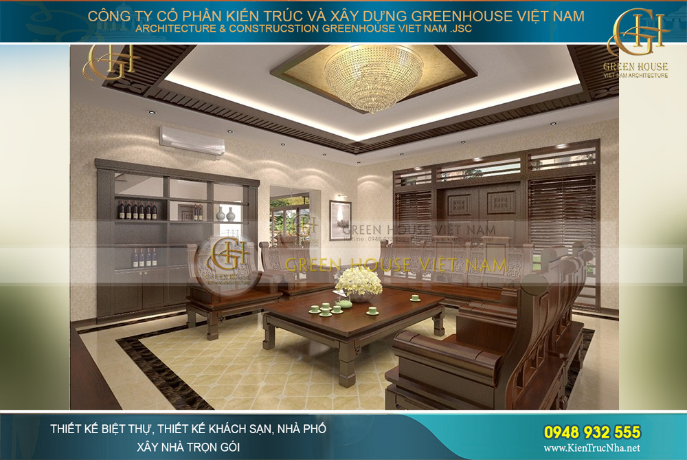 Nội thất phòng khách lịch thiệp, cao cấp tại tầng 1 của biệt thự tân cổ điển nhẹ nhàng, ấm cúng