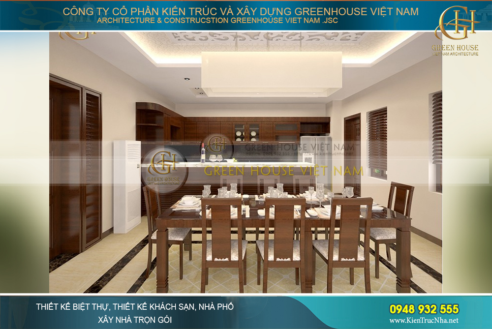Căn phòng ăn và bếp được sắp xếp khoa học, thích hợp với số lượng người trong gia đình chủ đầu tư sinh hoạt
