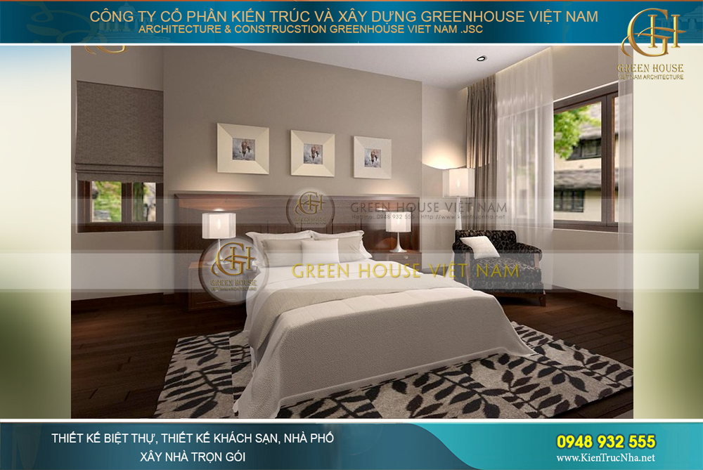 Phòng ngủ của biệt thự tân cổ điển dành cho hai người ấm cúng, và tiện nghi.