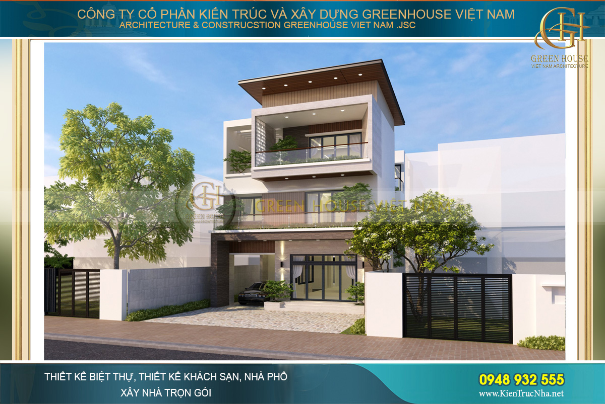 Biệt thự 3 tầng mang phong cách hiện đại với màu sắc và những mảng khối kiến trúc mạnh mẽ, nổi bật