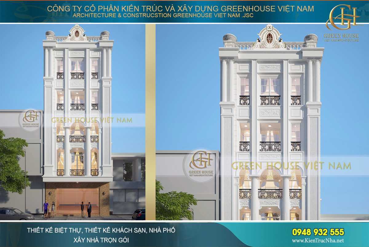 thiết kế biệt thự tan cổ điển 5 tầng tại Hà Nội