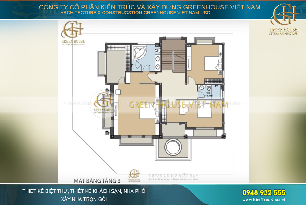 Từ tầng 2 trở lên là không gian chính của biệt thự. Thiết kế 02 lối thang bộ, dẫn lên từ ngoài sân và từ gara ở tầng trệt.