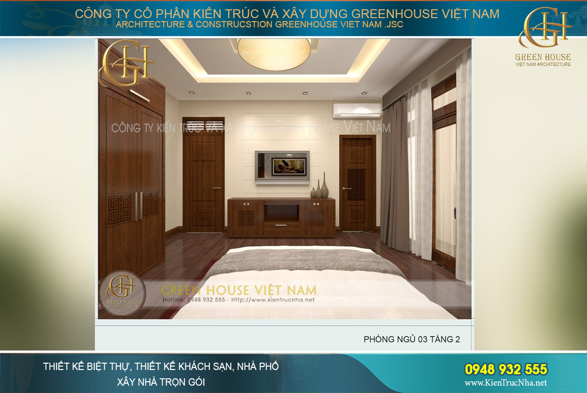 Phòng khách được thiết kế nội thất sang trọng với những chi tiết tinh xảo bắt mắt. Bộ bàn ghế tiếp khách rộng lớn được làm hoàn toàn bằng gỗ tự nhiên nguyên khối, đơn giản nhưng đẳng cấp. Chi tiết vách ti vi, kệ tủ, ốp trần đồng bộ, tạo nên một không gian hoàn hảo.