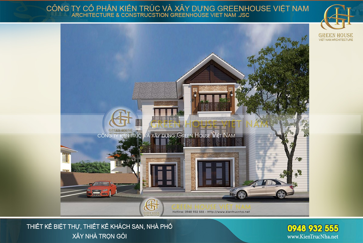 thiết kế biệt thự 3 tầng hiện đại hình chữ L