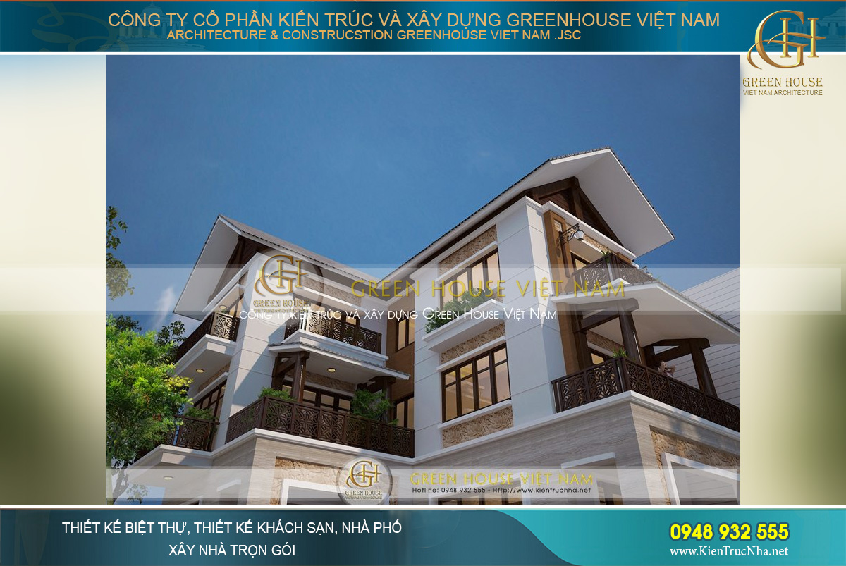 thiết kế biệt thự 3 tầng hiện đại hình chữ L