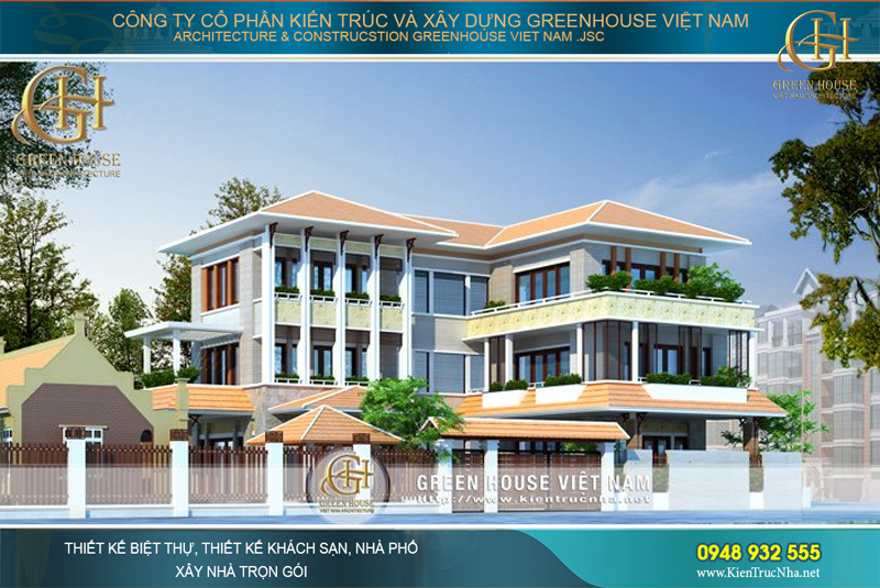 Thiết kế biệt thự sử dụng hệ mái giống kiểu Thái Lan, được đổ mái bê tông sau đó ốp gạch đỏ truyền thống tạo nét thân thiện và thẩm mỹ cao