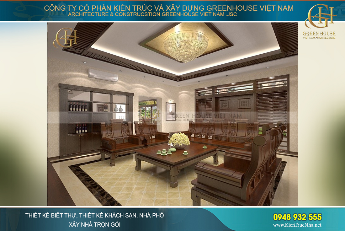Thiết kế ấn tượng với trần cao, tạo cảm giác sang trọng với nội thất gỗ