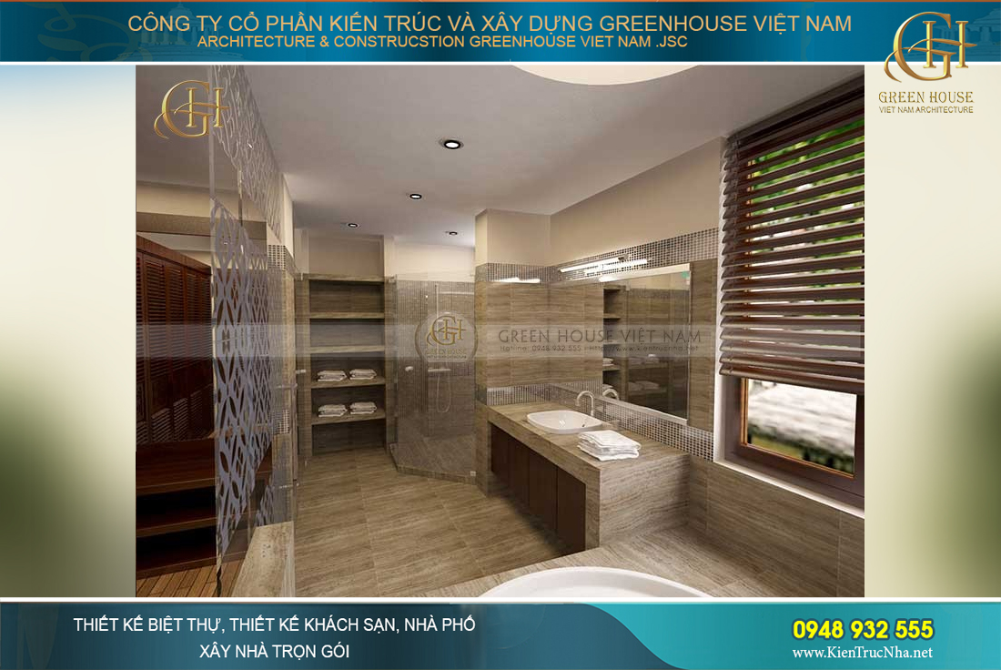 Phòng tắm được ốp gạch giả đá tạo cảm giác sang trọng, sạch sẽ, thuận tiện trong việc vệ sinh