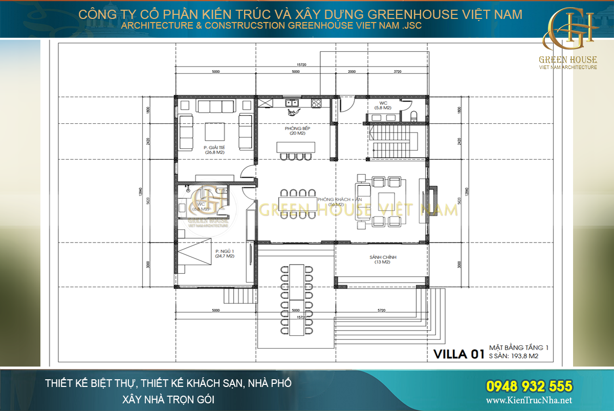 Mặt bằng công năng tầng 1 tại villa số - Green House Việt Nam