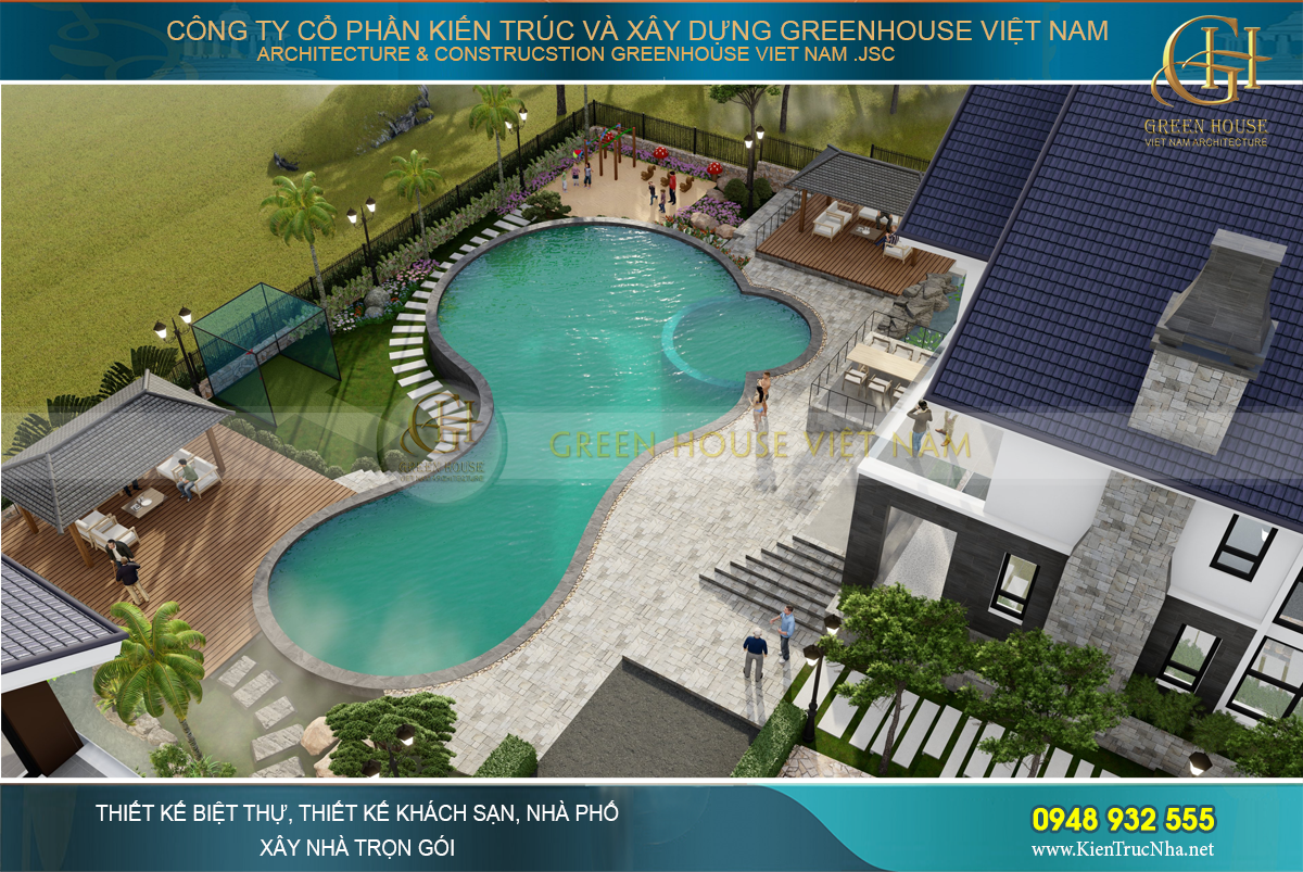 Bể bơi với thiết kế hiện đại, đáp ứng các nhu cầu giải trí cho khu villa nghỉ dưỡng Sóc Sơn