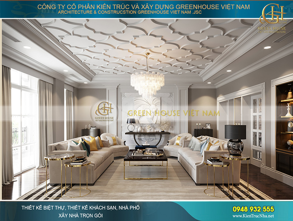 Diện tích căn phòng được cân đối với các đồ nội thất đối xứng hai bên khiến căn phòng không bị rối mắt vì quá nhiều đồ nội thất
