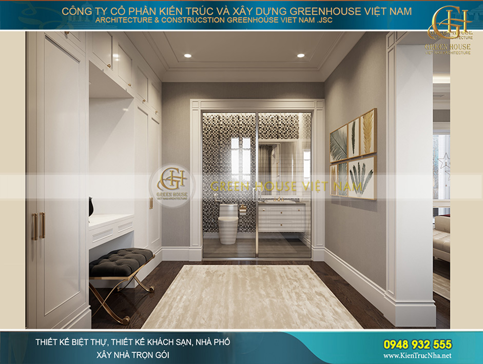 Khu vực phòng vệ sinh và tủ đồ quần áo của chủ nhân căn phòng ngủ thứ 3 tại tầng 4