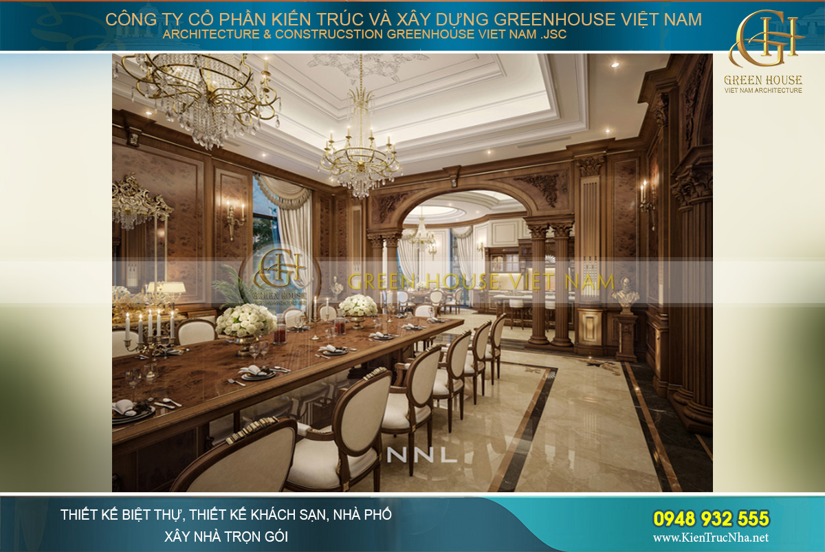 Phòng ăn được bố trí không gian đại tiệc và khu vực ăn gia đình, thuận tiện cho nhiều mục đích sử dụng