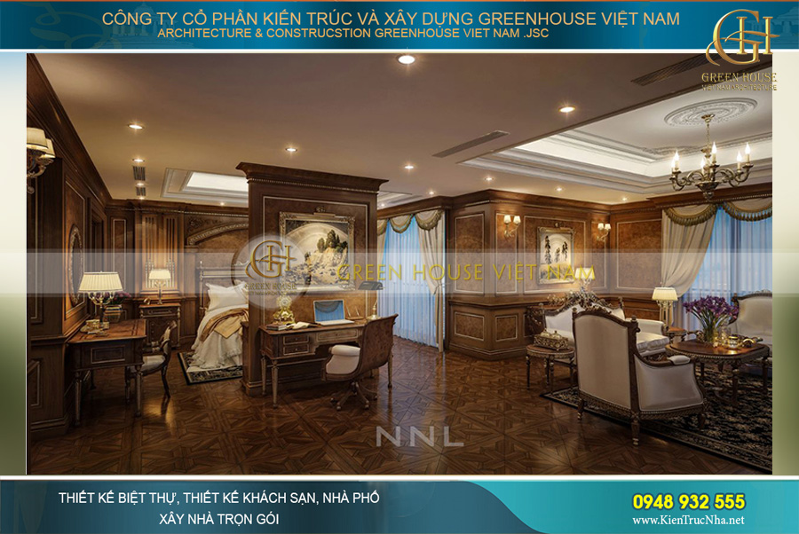 Tầng này có một phòng sinh hoạt chung lớn nối liền với cầu thang đi lên từ tầng 1. Hai bên là 4 phòng ngủ cùng 1 phòng làm việc phục vụ các nhu cầu riêng của từng thành viên phong gia đình. Các không gian phòng ngủ đều được bố trí phòng vệ sinh khép kín cùng 1 phòng thay đồ riêng biệt.