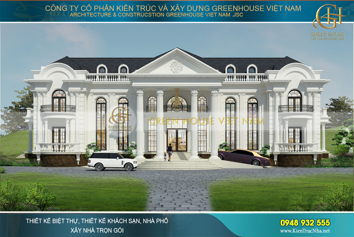 Phối cảnh mặt tiền của thiết kế dinh thự tân cổ điển đẳng cấp tại Hà Nội