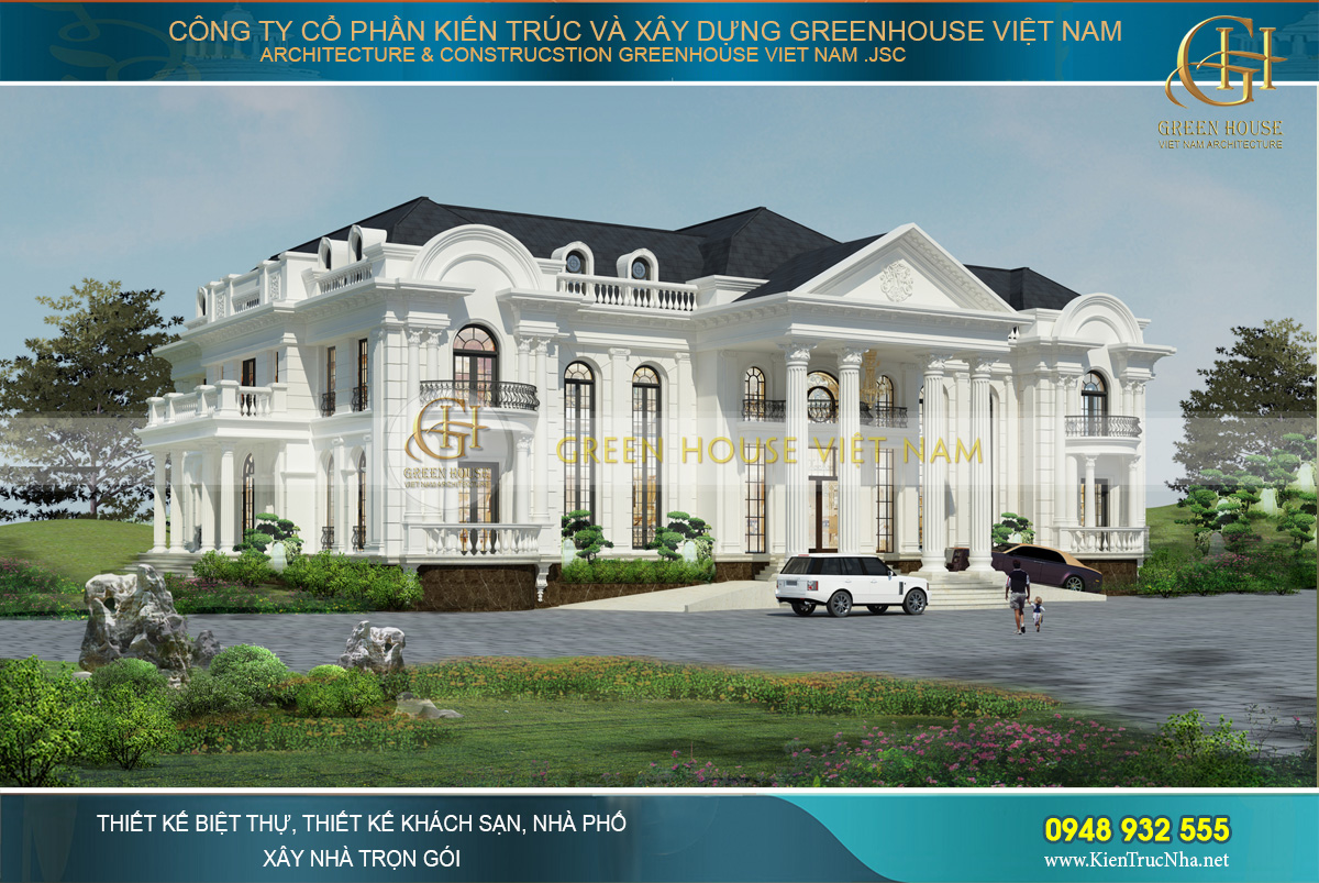 Các vòm cửa cao nối liền giữa 2 tầng dinh thự là một điểm nhấn ấn tượng của công trình tân cổ điển