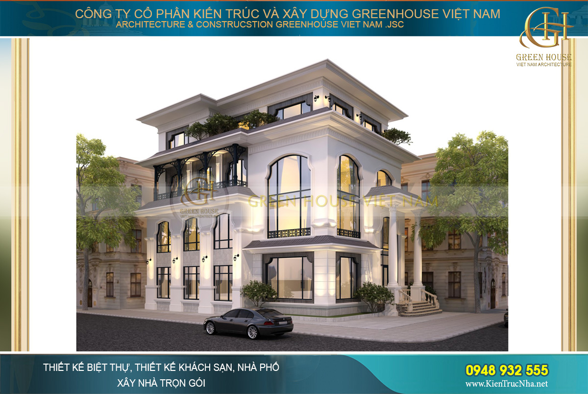 Phối cảnh mặt tiền của biệt thự kết hợp nhà hàng tân cổ điển tại Bắc Giang
