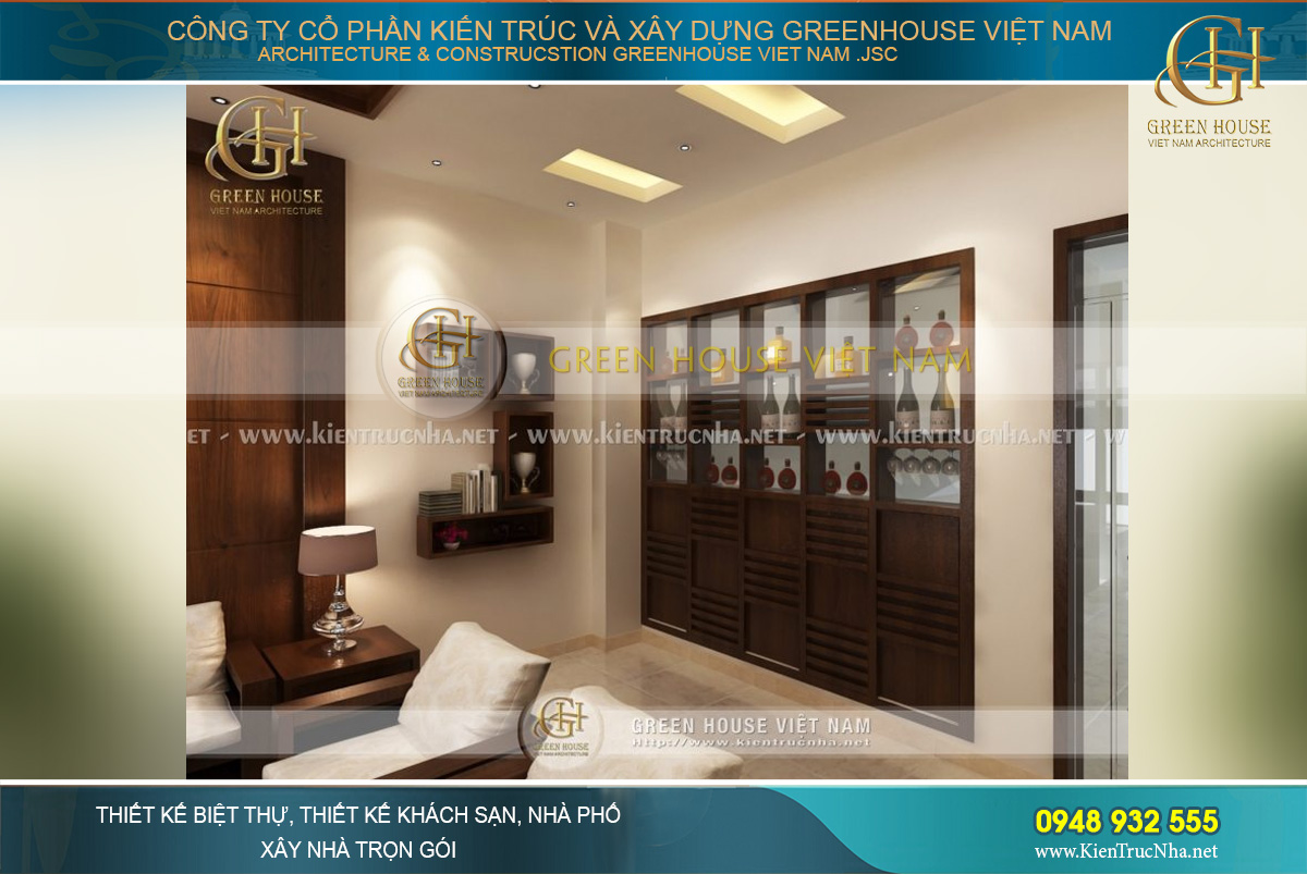 Thiết kế kệ rượu theo kiểu dáng vuông vắn hợp thời, không gây xâm chiếm diện tích phòng khách mà vẫn đảm bảo sự đẹp mắt