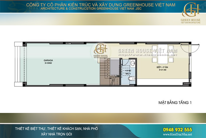 Phòng bếp được tách riêng tại tầng 1 đảm bảo mùi thức ăn khi nấu nướng không gây ảnh hưởng cả căn nhà đặc biệt là phòng khách