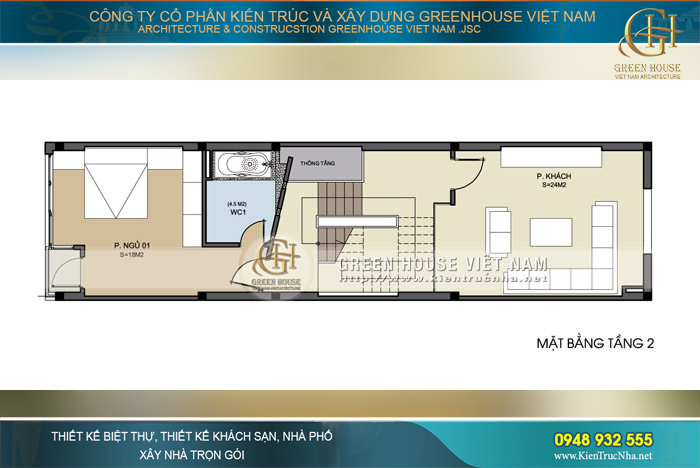 Phòng khách và một phòng ngủ có kèm nhà vệ sinh được đặt tại tầng 2