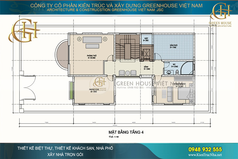 Phòng thờ, phòng thể thao, phòng ngủ khách và sân phơi được sắp xếp riêng trên tầng 4