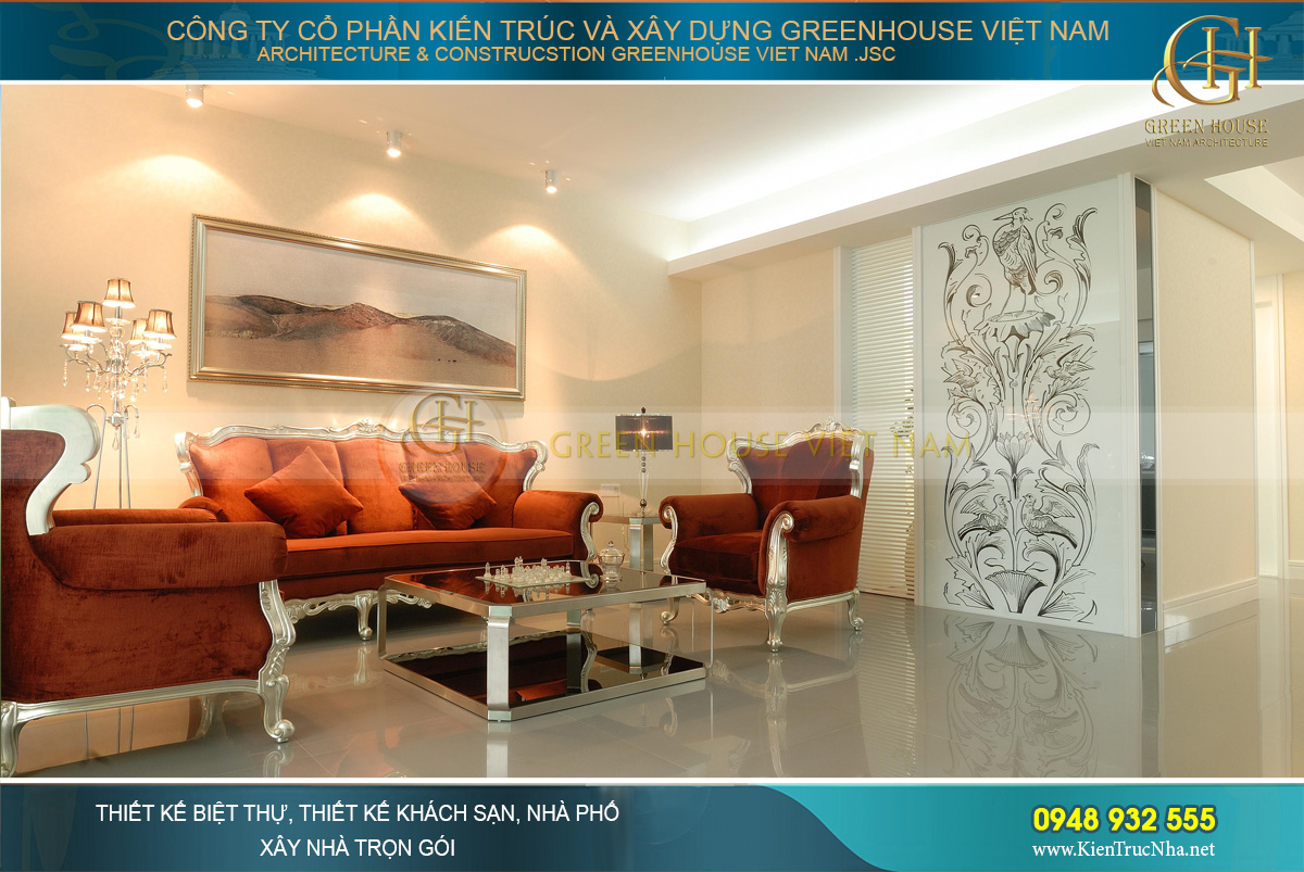 Mẫu phòng khách với tone cam đất ấn tượng của căn hộ Vinhomes Royal City