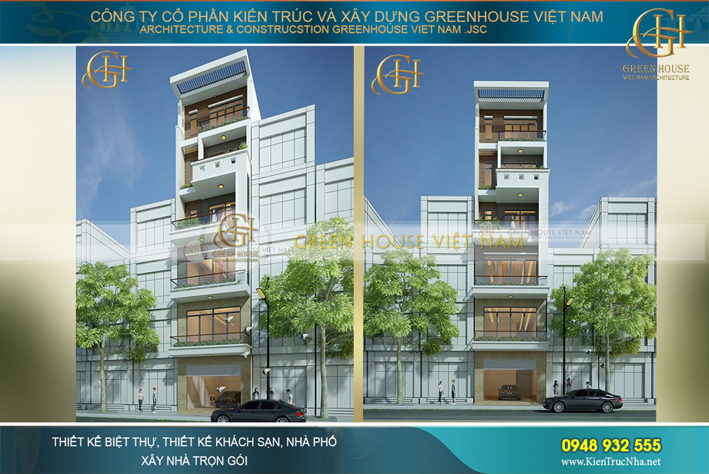 Phối cảnh mặt tiền của mẫu nhà phố 6 tầng hiện đại với nét đẹp thanh lịch, tao nhã