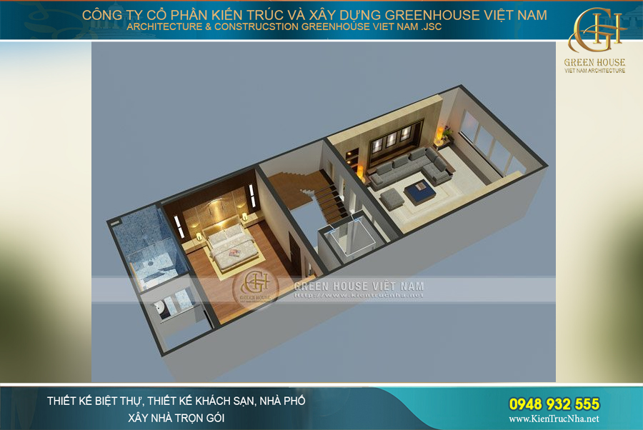 Không gian tầng 2 với một phòng sinh hoạt chung cho gia đình, phòng ngủ chính