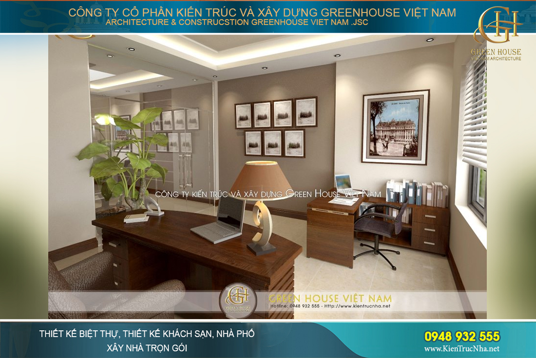 Không gian phòng làm việc được bài trí gọn gàng phía sau showroom mặt tiền của công trình