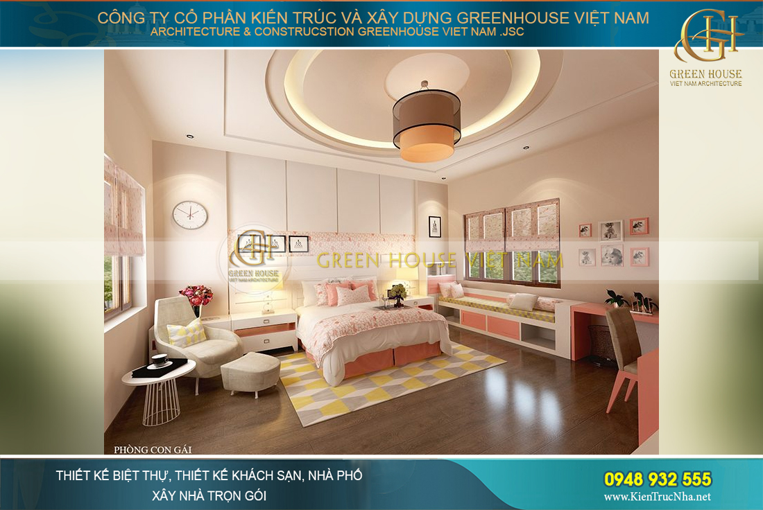 Phòng ngủ màu sắc tươi sáng cho con gái của gia chủ