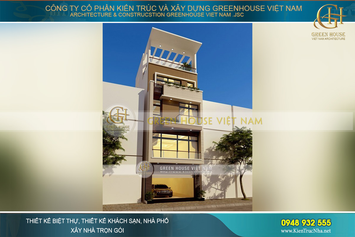 Kiến trúc mặt tiền khang trang và độc đáo của ngôi nhà ống 4 tầng rưỡi tại Nam Định