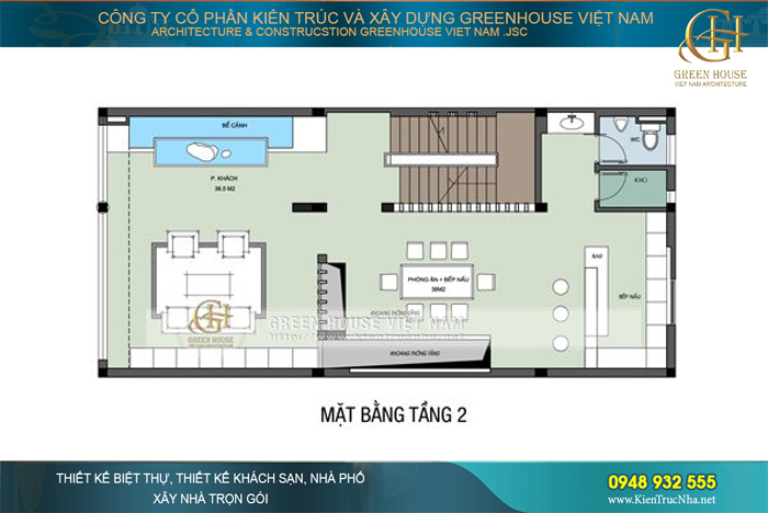 Mặt bằng tầng 2 là không gian sinh hoạt chính của gia đình gồm phòng khách, phòng bếp + phòng ăn, nhà vệ sinh cùng thiết kế bể cảnh trang trí tại phòng khách