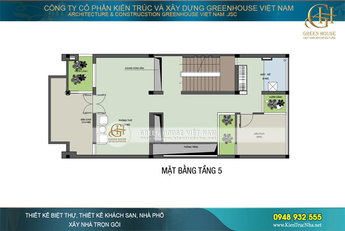 Tầng 5 là không gian sân phơi và khu vực phòng thờ được xây dựng theo yếu tố phong thủy, đảm bảo chất lượng cho công trình của gia chủ
