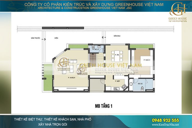 Mặt bằng tầng 1 là không gian sinh hoạt chính của cả gia đình với đầy đủ nội thất sinh hoạt cơ bản nhất