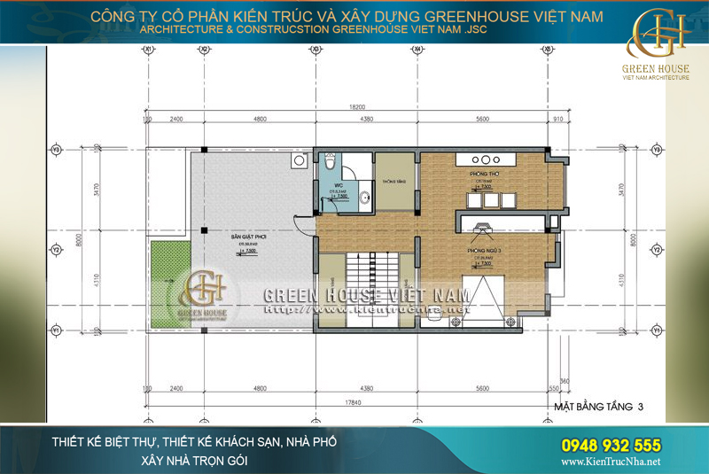 Phòng thờ và sân giặt phơi được bố trí riêng tại tầng 3 đảm bảo sự yên tĩnh cần có