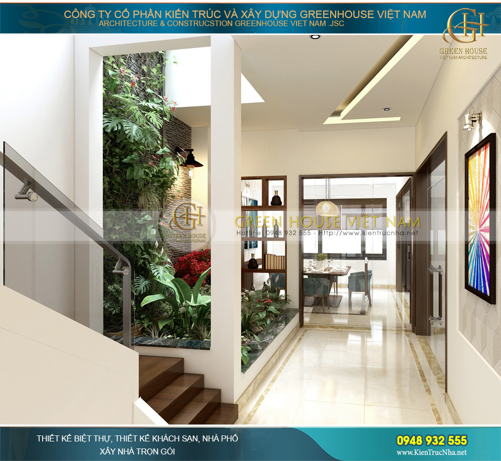 Thiết kế sảnh thang tầng 4 gần khu vực phòng ăn, bếp của nhà phố kết hợp kinh doanh
