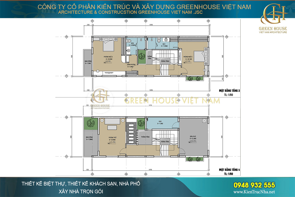 Bố trí công năng tầng 3,4 của nhà phố kết hợp kinh doanh 4 tầng