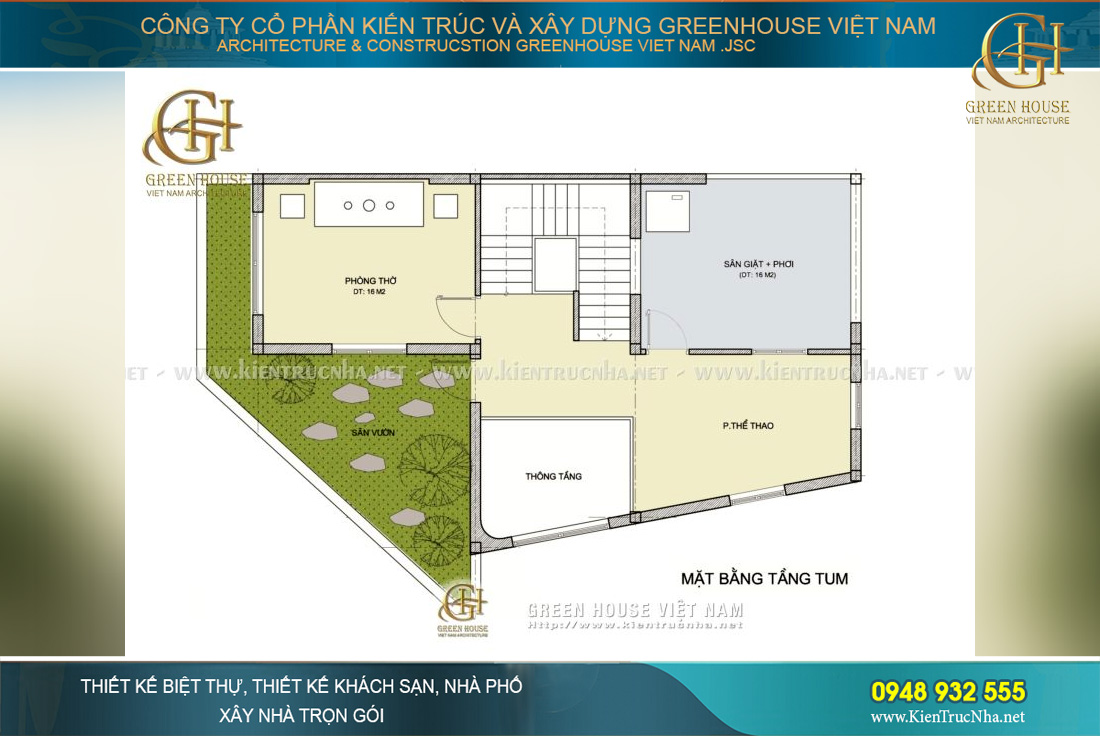 Tầng 5 của nhà phố hiện đại là khu vực tiểu cảnh sân vườn, phòng thờ cũng sân phơi đồ