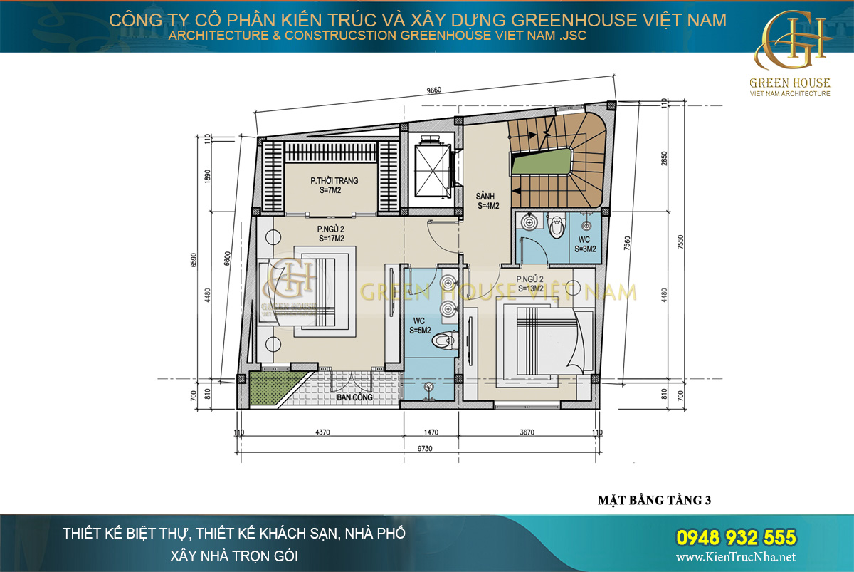 Thiết kế mặt bằng công năng của tầng 3 nhà phố hiện đại 5 diện tích 70m2