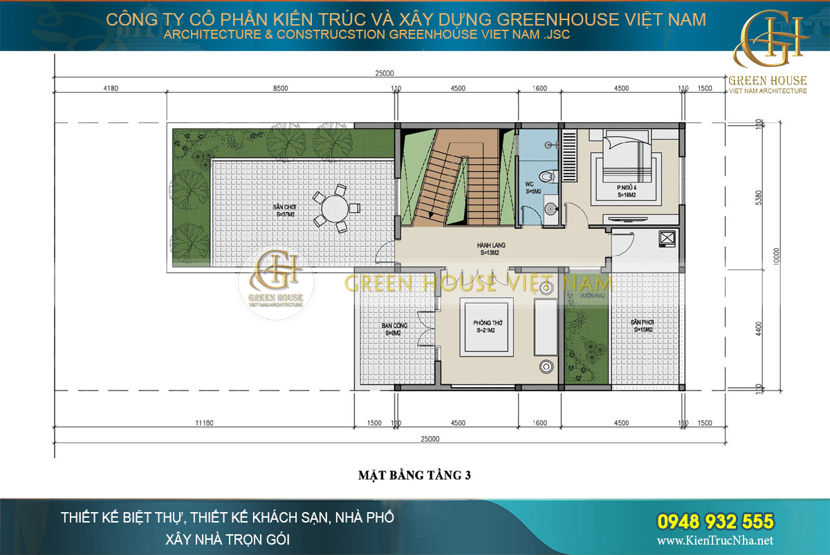 Bố trí công năng tầng 3 với nhiều khoảng xanh, thông tầng rộng thoáng