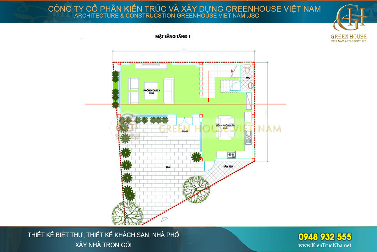 Tầng 1 nhà phố hiện đại với thiết kế phòng khách, phòng bếp và phòng ăn cùng khu vực sân trước rộng rãi