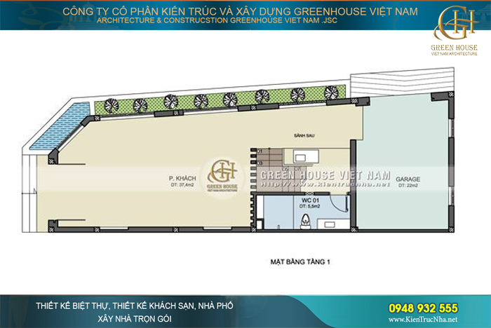 Tầng 1 được dành nhiều diện tích cho thiết kế phòng khách cùng khu vực gara để xe