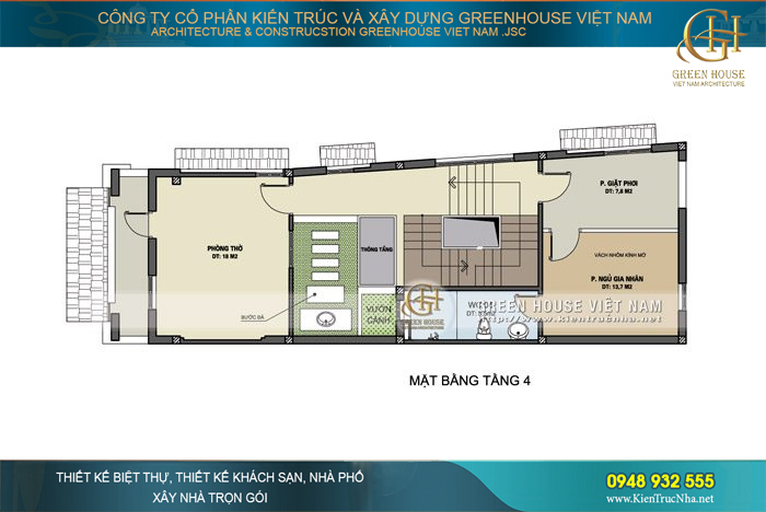 Mặt bằng tầng 4 với các khu vực phòng sinh hoạt khác nhau đều có hướng ban công, giúp lưu thông không khí cho căn nhà