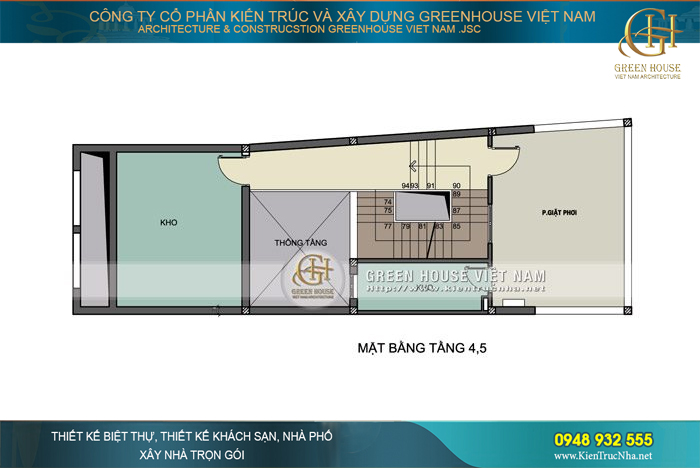 Mặt bằng tầng 4,5 là khu vực phòng giặt phơi, kho để đồ và thiết kế thông tầng rộng rãi, thuận tiện di chuyển