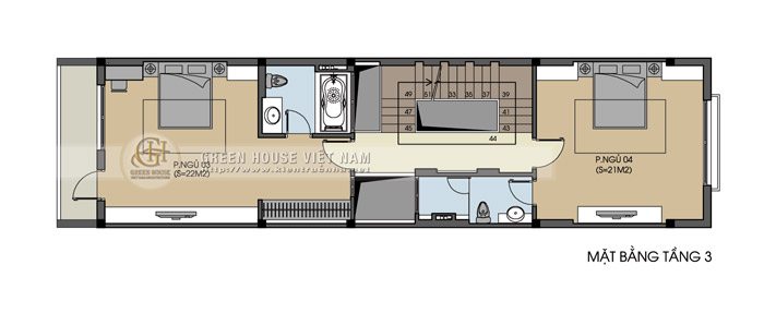 Không gian tầng 3 là thiết kế 2 phòng ngủ còn lại trong ngôi nhà phố, mỗi phòng ngủ đều có nhà vệ sinh riêng khép kín