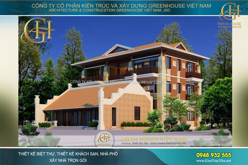 Phần kiến trúc biệt thự 3 tầng phía sau được thiết kế theo phong cách hiện đại thời thượng