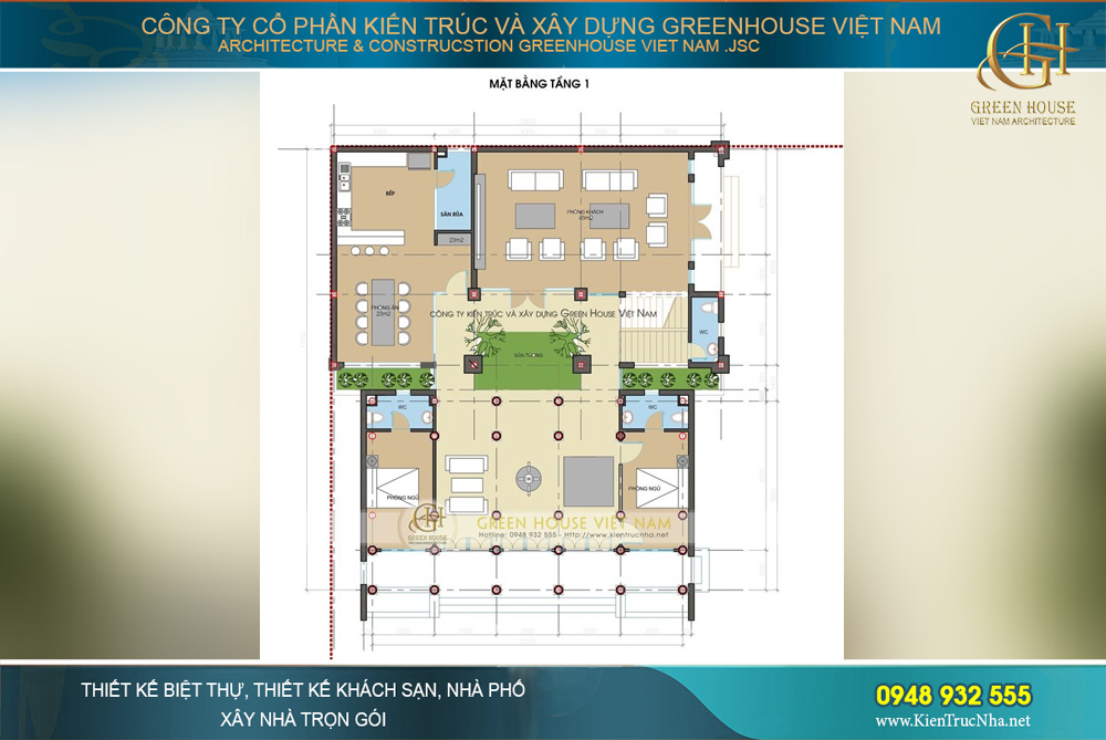 Bản vẽ bố trí công năng sử dụng tầng 1 của mẫu thiết kế biệt thự Á Đông 3 tầng hiện đại