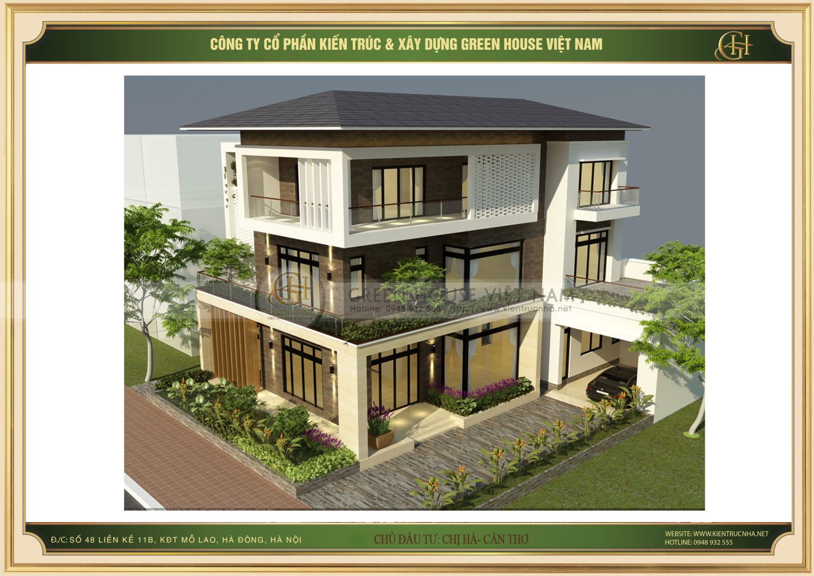 Phối cảnh mặt tiền mẫu biệt thự hiện đại của chị Hà- Cần Thơ